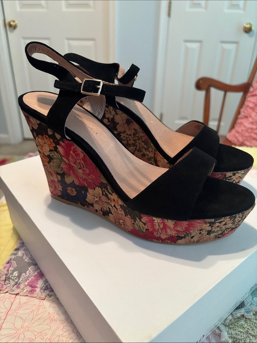 Anthropologie Black Suede Floral Cork-Style Platform Wedge Sandals